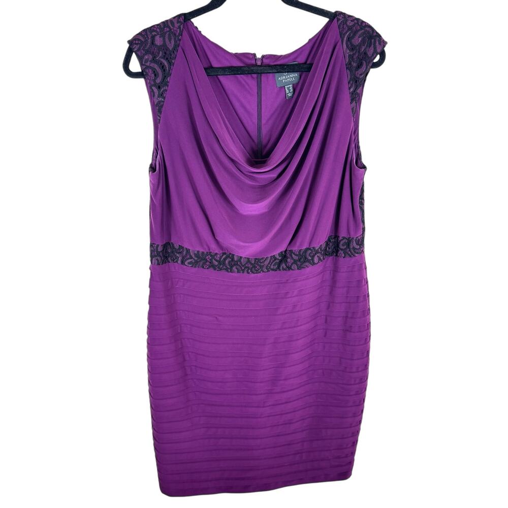 Adrianna Papell Purple Black Lace Drape Neck Sleeveless Stretch Sheath Dress 14W